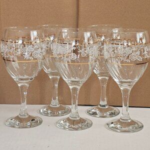 6 Duchess Floral Water Goblets 7" white roses optic gold band toasting glassware
